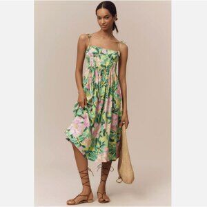 Farm Rio Anthropologie Linen Blend Tie-Strap Sweetheart Midi Dress XS NWT Floral